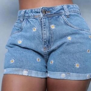 SHEIN Blue Daisy Embroidered Jean Shorts